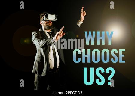 Légende de texte présentant Pourquoi nous choisir. Mot pour les raisons de choisir notre marque par rapport aux autres arguments Banque D'Images