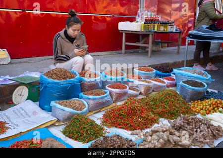 Laos: Vente de piment sur son téléphone mobile dans le marché du matin, Luang Prabang. Le piment, ou simplement le piment dans de nombreux pays, est la partie fruitière du genre de plantes connu sous le nom de Capsicum, qui à son tour provient de la plus grande famille de nutShade connue sous le nom de Solanaceae. Le nom est dérivé du mot Chili Nahuatl du Mexique central. Bien qu’ils soient aujourd’hui cultivés dans le monde entier, les piments provenaient à l’origine des Amériques, avant d’être expédiés et échangés dans le monde entier après la Columbian Exchange qui a eu lieu après la découverte des Amériques par Christophe Colomb en 1492. Banque D'Images