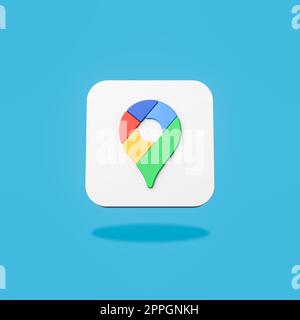 Logo de l'application Google Maps sur fond bleu plat Banque D'Images