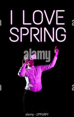 Affichage conceptuel I Love Spring. Concept signifiant affection pour la saison de l'année où il y a beaucoup de fleurs Banque D'Images