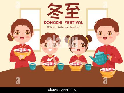 Dongzhi ou Winter Solstice Festival modèle dessin main dessin dessin dessin dessin animé dessin animé dessin animé par la famille appréciant la cuisine chinoise Tangyuan et Jiaozi concept Banque D'Images