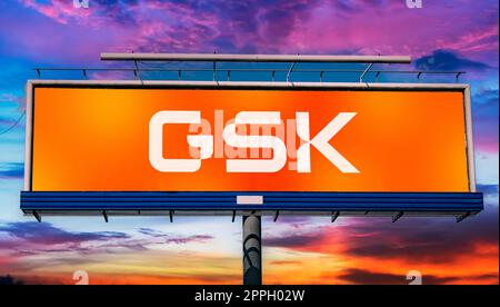 Panneau publicitaire affichant le logo de GSK Banque D'Images