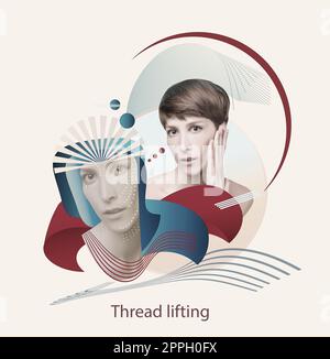 Le concept de levage, de peau, de chirurgie plastique. Femme visage avec des marques et des flèches. Design artistique Banque D'Images