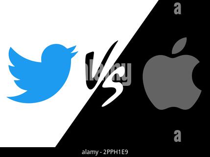 Kiev, Ukraine - 29 novembre 2022 Apple vs Twitter concept bannière sur la rupture des relations entre les entreprises. Supprimer le réseau social de l'App Store à travers Elon Musk sa critique. Banque D'Images