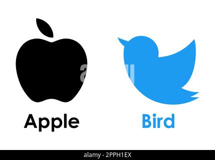 Oiseau hirondelle bleu et fruit de pomme noir - deux icônes. L'image ne contient pas de logos de sociétés célèbres. Banque D'Images