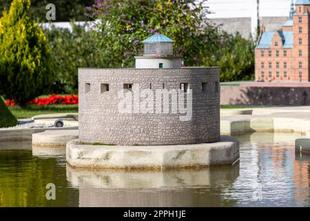 Baltic Park of miniatures, petite réplique du phare de Christianso au Danemark, Miedzyzdroje, Pologne Banque D'Images