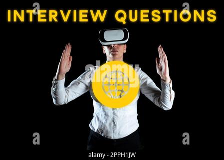 Affiche présentant des questions d'entrevue. Mot écrit sur un sujet typique étant de demander ou de se renseigner au cours d'une entrevue Banque D'Images