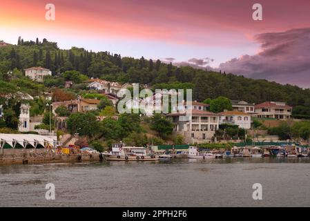 Vue sur les collines de l'île de Kinaliada depuis la mer de Marmara, avec maisons d'été traditionnelles et bateaux, Istanbul, Turquie Banque D'Images