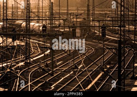 La cour de marshalling avec des pistes et des trains de marchandises garées dans un téléobjectif rétroéclairé par le soleil Banque D'Images