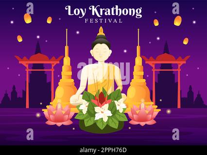 Loy Krathong Festival Celebration en Thaïlande modèle dessin main dessin dessin dessin de dessin animé à plat avec lanternes et Krathongs flottant sur l'eau Design Banque D'Images