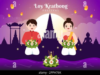 Loy Krathong Festival Celebration en Thaïlande modèle dessin main dessin dessin dessin de dessin animé à plat avec lanternes et Krathongs flottant sur l'eau Design Banque D'Images