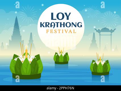 Loy Krathong Festival Celebration en Thaïlande modèle dessin main dessin dessin dessin de dessin animé à plat avec lanternes et Krathongs flottant sur l'eau Design Banque D'Images