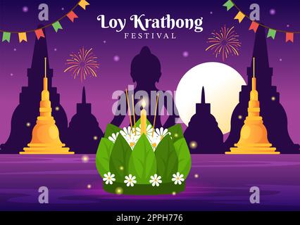 Loy Krathong Festival Celebration en Thaïlande modèle dessin main dessin dessin dessin de dessin animé à plat avec lanternes et Krathongs flottant sur l'eau Design Banque D'Images