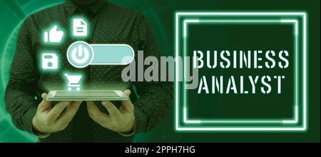 Signe d'écriture à la main Business Analyste quelqu'un qui analyse une grande organisation ou un domaine de site Web. Mot écrit sur quelqu'un qui analyse la grande organisation ou le domaine du site Web Banque D'Images