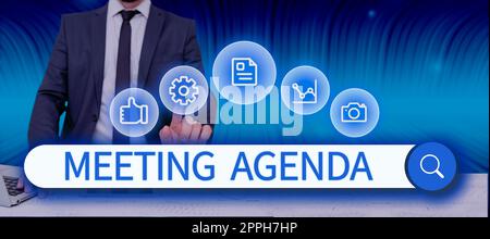 Affiche textuelle montrant l'ordre du jour de la réunion An définit clairement les attentes concernant ce qui doit être une réunion. Concept d'Internet un ordre du jour définit clairement les attentes pour ce qui a besoin d'une réunion Banque D'Images