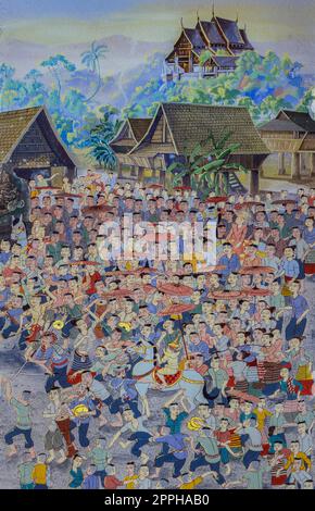 Ancienne peinture murale thaïlandaise de style Lanna de la cérémonie d'ordination bouddhiste des novices (festival Poy sang long) Banque D'Images