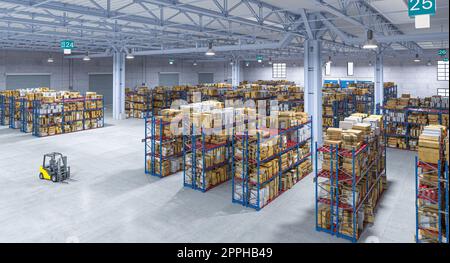 à l'intérieur d'un grand entrepôt plein de marchandises. Banque D'Images