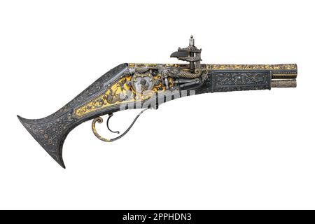 Ancien pistolet de verrouillage de roue historique du 17e siècle isolé Banque D'Images