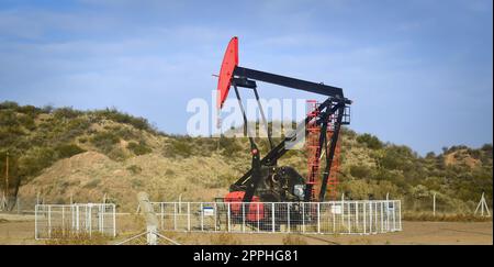 Pompe d'extraction d'huile dans le désert de Mendoza, en Argentine. Banque D'Images