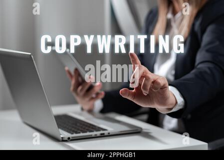 Signe de texte indiquant la rédaction. Concept signifiant écrire le texte de publicités ou de matériel publicitaire Banque D'Images