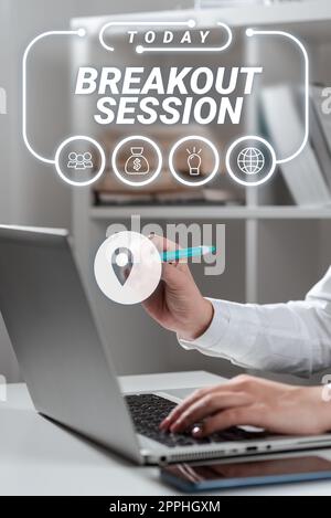 Légende de texte présentant la session de groupe. Discussion ou présentation de l'atelier de présentation commerciale sur un sujet spécifique Banque D'Images