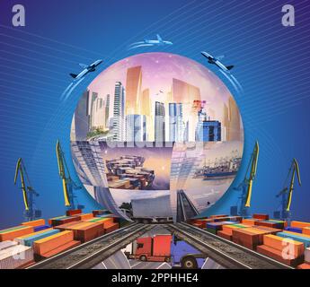 Navire industriel de fret de conteneur pour l'importation ou l'exportation dans le port. Fond de conception abstraite, camions et transport. Autoroute et livraison. Concept logistique Banque D'Images