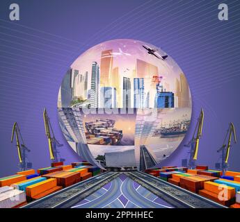 Navire industriel de fret de conteneur pour l'importation ou l'exportation dans le port. Fond de conception abstraite, camions et transport. Autoroute et livraison. Concept logistique Banque D'Images