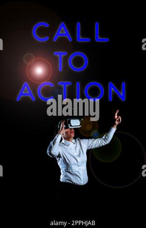 Texte d'écriture appel à l'action. Mot écrit sur encourager la décision déplacer pour faire progresser la stratégie réussie Banque D'Images