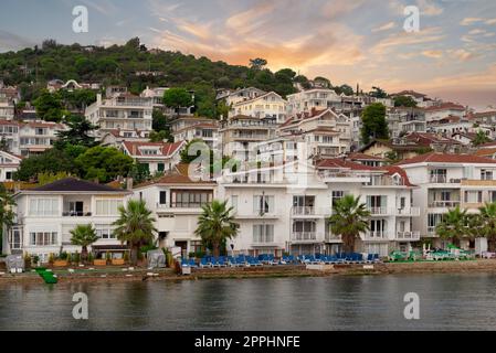 Vue sur les collines de l'île de Kinaliada depuis la mer de Marmara, avec maisons d'été traditionnelles et bateaux, Istanbul, Turquie Banque D'Images