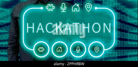 Légende du texte présentant Hackathon. Mot pour événement où un grand nombre de personnes s'engagent dans la programmation Banque D'Images