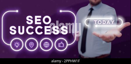 Texte d'écriture Seo réussi. Mot écrit sur l'accomplissement ou l'accomplissement de l'augmentation du trafic à un site Web Banque D'Images
