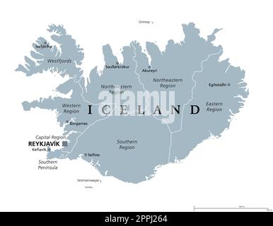 Régions de l'Islande, carte politique grise, avec la capitale Reykjavik. Huit régions et leurs sièges, utilisés à des fins statistiques. Pays de l'île nordique. Banque D'Images