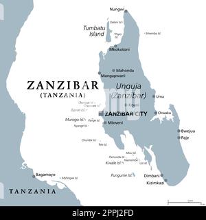 Zanzibar Island, Unguja, Tanzanie, carte politique grise. Île la plus grande et la plus peuplée de l'archipel de Zanzibar dans l'océan Indien. Banque D'Images