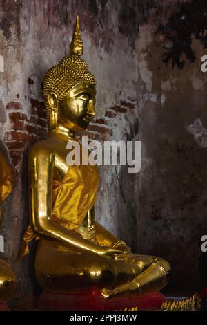 Bouddha d'or à côté de vieux murs dans les temples thaïlandais Banque D'Images