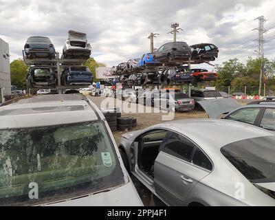 Buzau, Roumanie - 12 septembre 2022 : de vieilles voitures naufragées dans une décharge attendent d'être déchiquetées dans un parc de recyclage à Bacau, dans le nord de la Roumanie. Banque D'Images