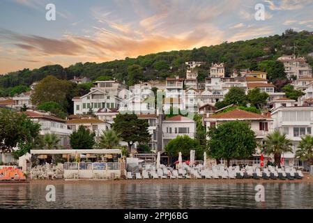 Vue sur les collines de l'île de Kinaliada depuis la mer de Marmara, avec maisons d'été traditionnelles et bateaux, Istanbul, Turquie Banque D'Images