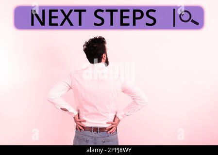 Affiche textuelle indiquant les étapes suivantes. Mot écrit sur le numéro du processus qui va être fait après la planification actuelle Banque D'Images