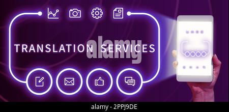 Affiche affichant les Services de traduction. Mot écrit sur l'organisation qui permet aux gens de traduire le discours Banque D'Images