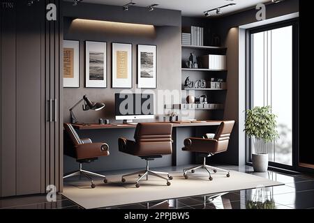 Coin d'intérieur de bureau gris et brun avec bureau, niche élégante, armoires, vue panoramique, trois chaises roulantes et sol en béton. Concept de conception moderne du lieu de travail du PDG Banque D'Images