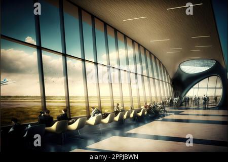 terminal d'aéroport moderne avec sièges en cuir noir et une immense façade vitrée Banque D'Images