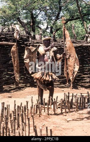 Zulu les gens au village zoulou de Shakaland, Vallée Nkwalini, Kwazulu Natal, Afrique du Sud. Banque D'Images