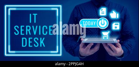 Panneau écrit à la main, bureau de service informatique. Mot écrit sur le centre d'aide en ligne de support technologique Banque D'Images