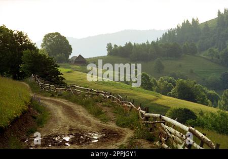 Bran, comté de Brasov, Roumanie, environ 1999. Route de terre boueuse sur la montagne. Banque D'Images