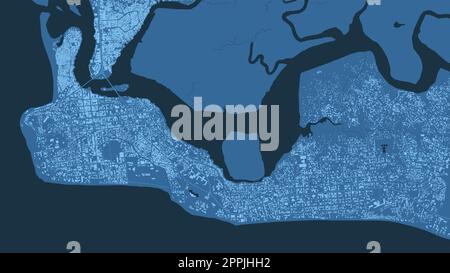 Affiche détaillée de la carte vectorielle bleue de la zone administrative de Monrovia, au Libéria. Panorama sur la ligne d'horizon. Carte touristique graphique décorative du territoire de Monrovia. Illustration de Vecteur