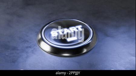 Bouton Démarrer. Démarrer l'activité et démarrer. Bouton de démarrage ou bouton de lancement de l'allumage avec voyant bleu. arrière-plan sombre. Changement de concept ou stratégie Banque D'Images