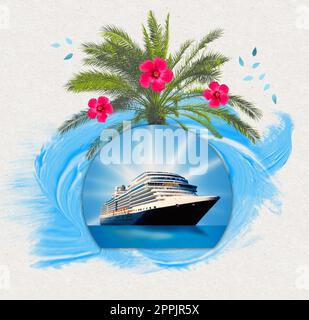 Bateaux de croisière abstraits ou big liners en eau libre avec fond de palmier tropique. Collage sur le concept de voyage et de vacances Banque D'Images