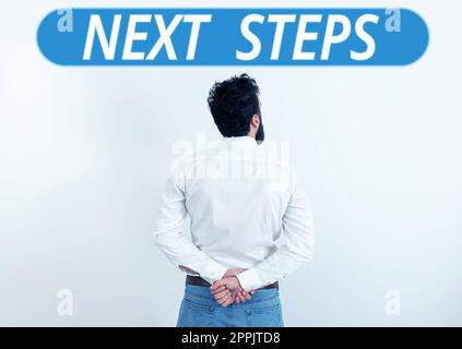 Écriture de texte étapes suivantes. Numéro de concept Internet du processus qui va être fait après la planification actuelle Banque D'Images