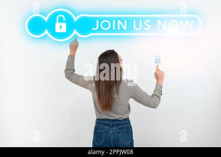 Affiche Rejoignez-nous maintenant. Aperçu de l'entreprise inscrire communauté inscrire site Web recruter quelqu'un s'inscrire Banque D'Images