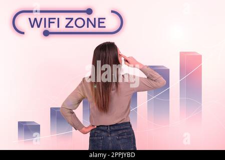 Zone Wi-Fi d'affichage conceptuel. Le mot écrit sur fournissent l'Internet haut débit sans fil et les connexions réseau Banque D'Images