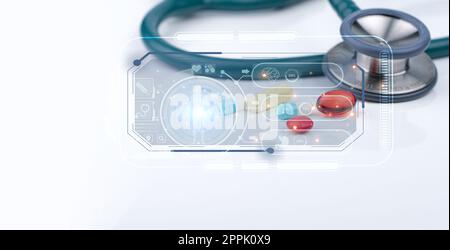 Pilules et stéthoscope avec concept pharmacocinétique. Outil médical de diagnostic. Bilan de santé. Santé et médecine. Cerveau, poumon, estomac, seringue et icônes humaines. Métabolisme des médicaments. Banque D'Images
